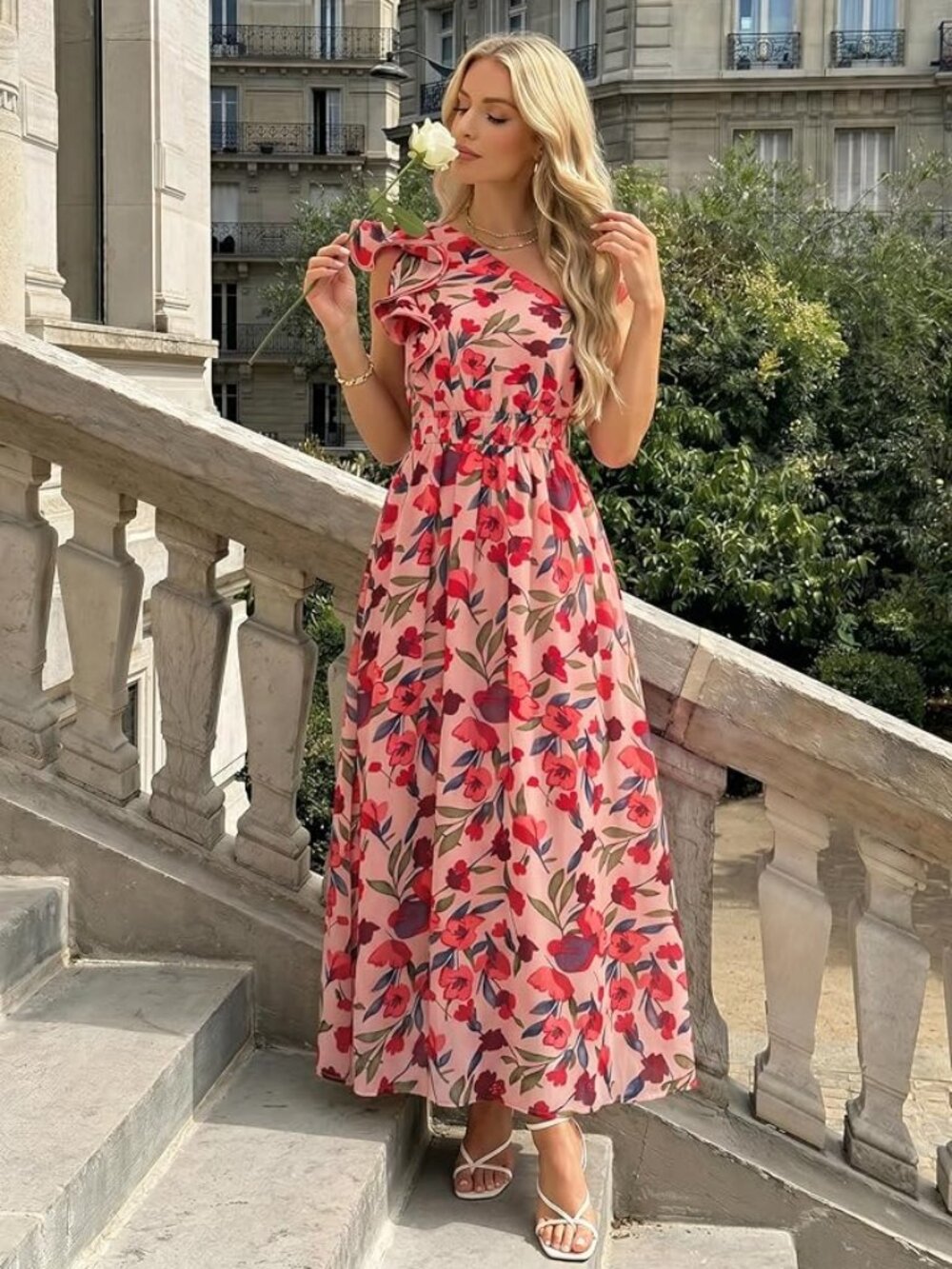 ZESICA Women's Summer Floral Sleeveless Maxi Dress Ruffle One Shoulder XL